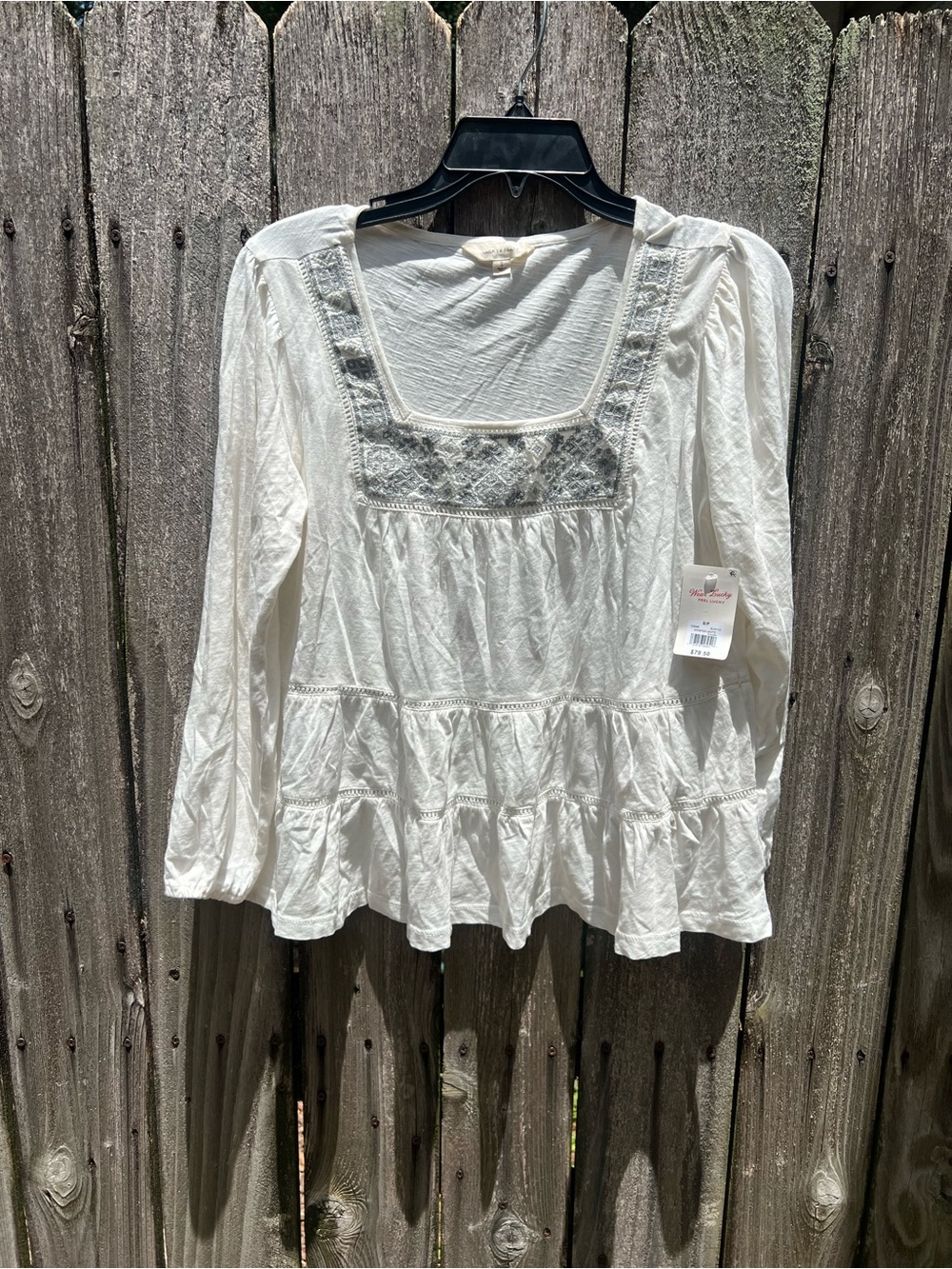 Lucky Brand Cream Peasant Blouse with Embroidered Yoke